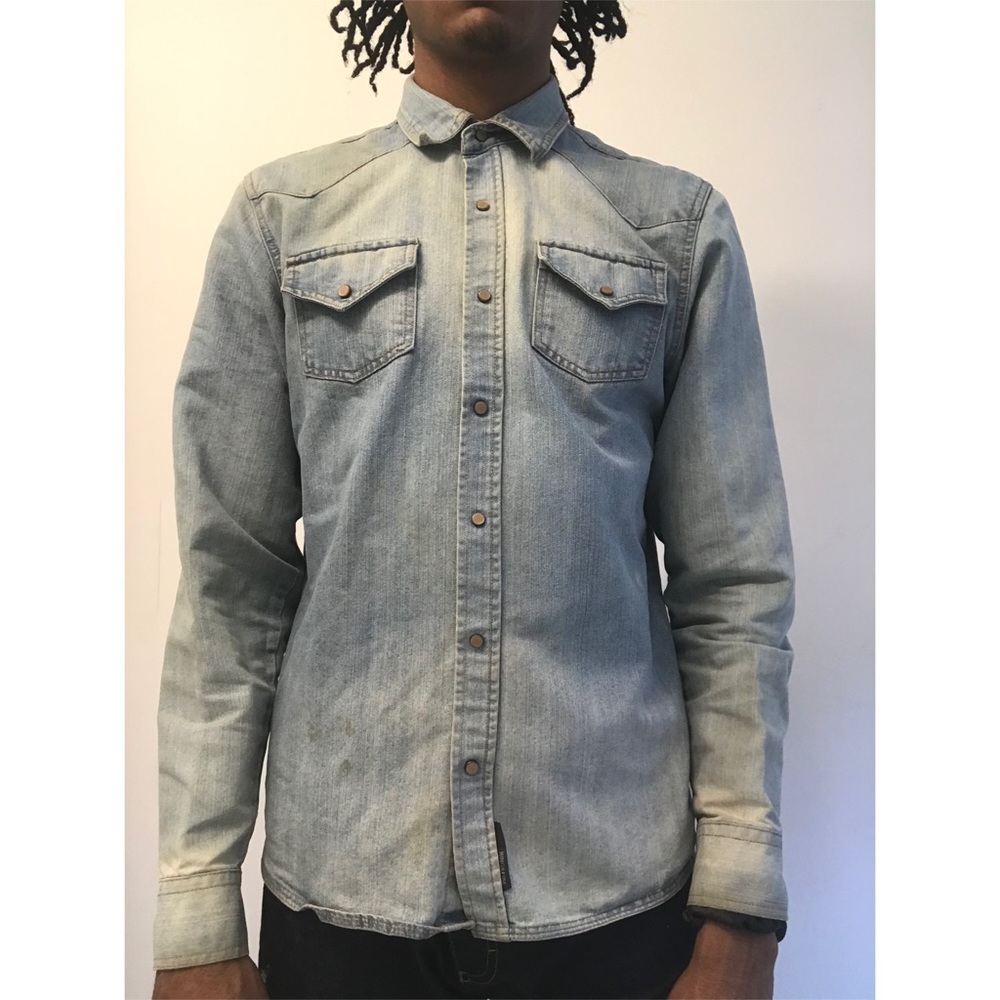 Blue denim snap button up long sleeve shirt